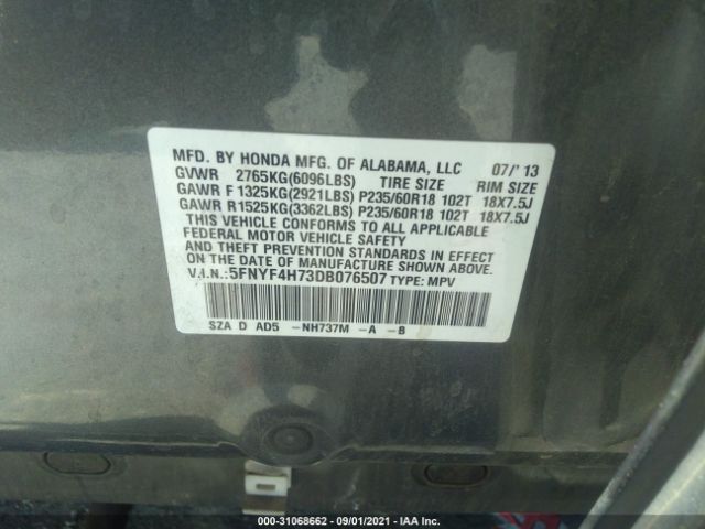 Photo 8 VIN: 5FNYF4H73DB076507 - HONDA PILOT 