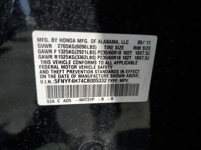 Photo 12 VIN: 5FNYF4H74CB005332 - HONDA PILOT EXLN 