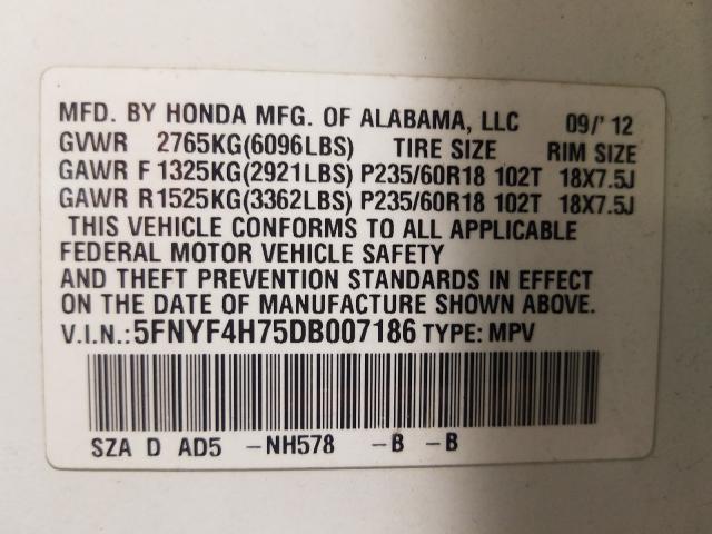 Photo 9 VIN: 5FNYF4H75DB007186 - HONDA PILOT EXLN 