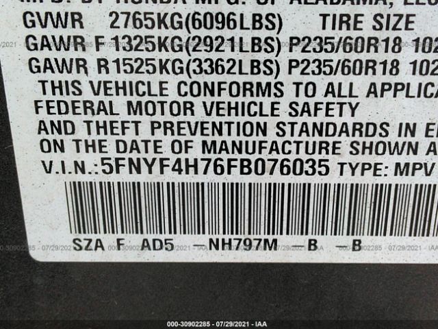 Photo 8 VIN: 5FNYF4H76FB076035 - HONDA PILOT 