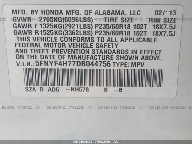 Photo 8 VIN: 5FNYF4H77DB044756 - HONDA PILOT 