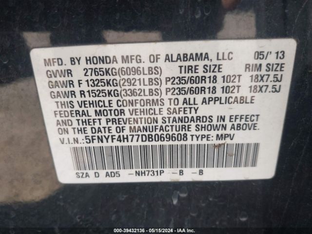 Photo 8 VIN: 5FNYF4H77DB069608 - HONDA PILOT 