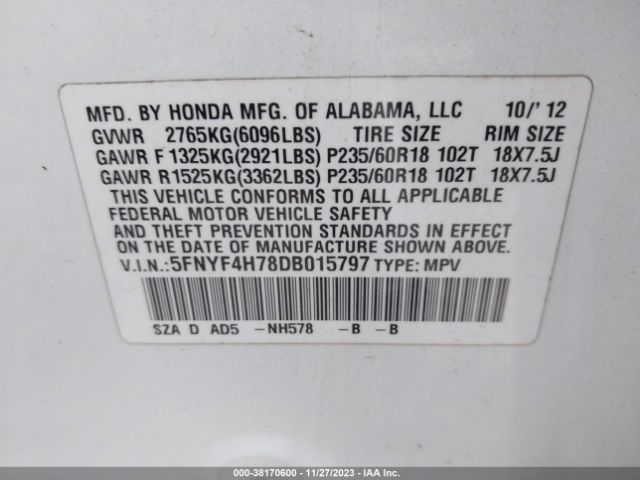 Photo 8 VIN: 5FNYF4H78DB015797 - HONDA PILOT 