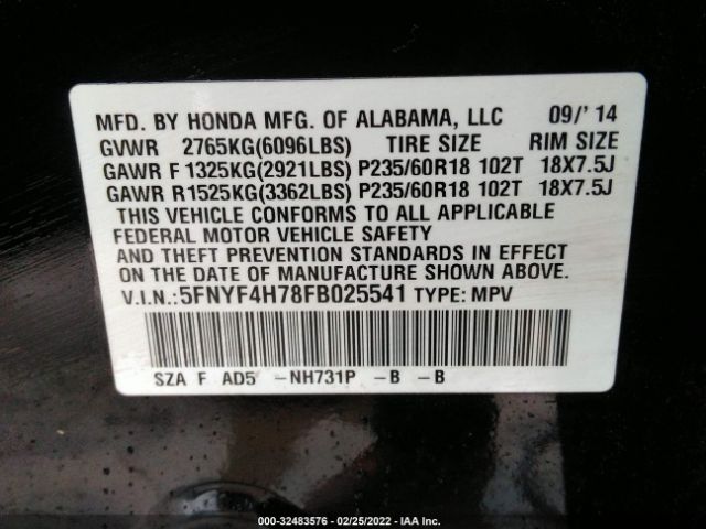 Photo 8 VIN: 5FNYF4H78FB025541 - HONDA PILOT 