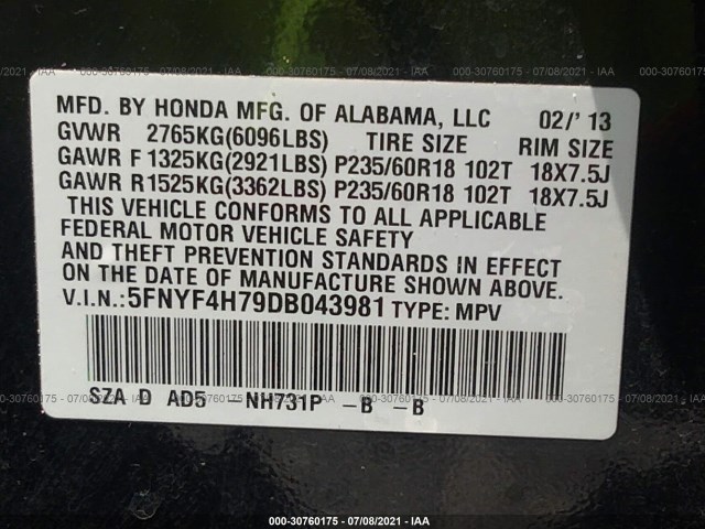 Photo 8 VIN: 5FNYF4H79DB043981 - HONDA PILOT 