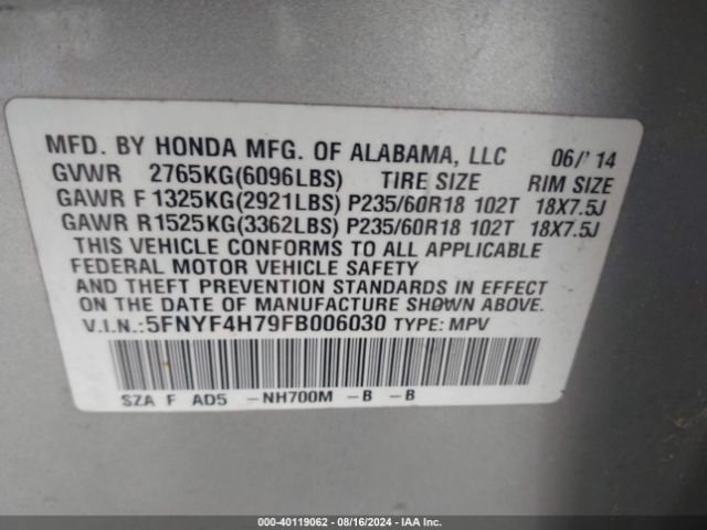 Photo 8 VIN: 5FNYF4H79FB006030 - HONDA PILOT 