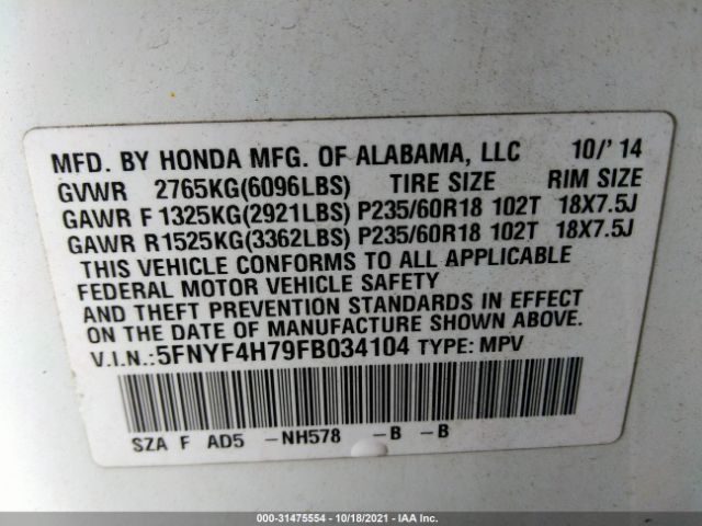 Photo 8 VIN: 5FNYF4H79FB034104 - HONDA PILOT 