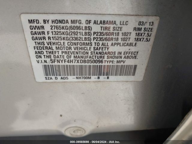 Photo 8 VIN: 5FNYF4H7XDB050096 - HONDA PILOT 