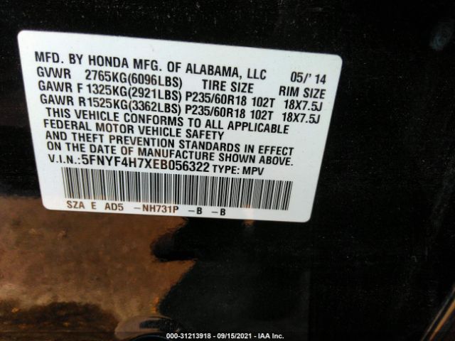 Photo 8 VIN: 5FNYF4H7XEB056322 - HONDA PILOT 