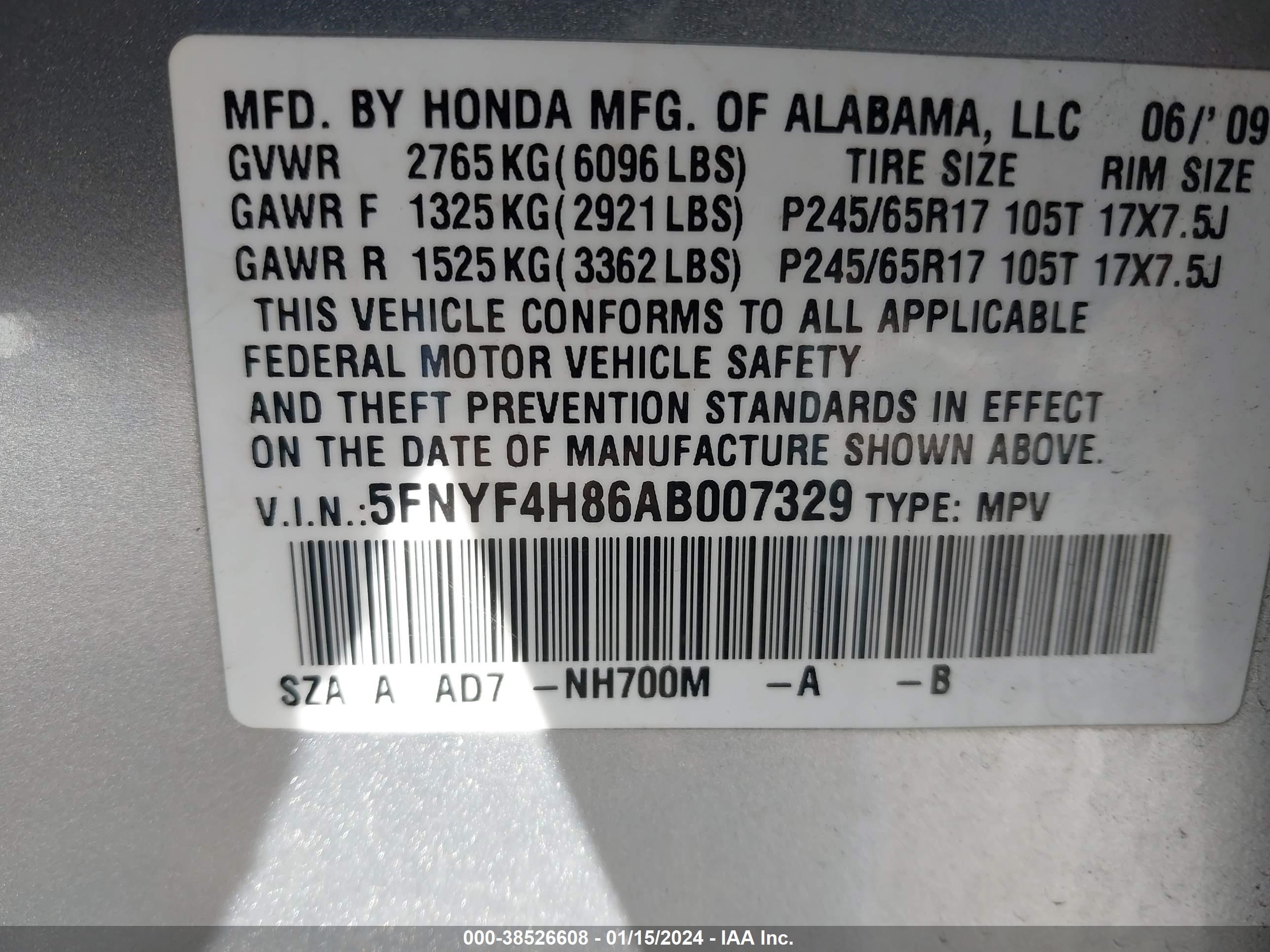 Photo 8 VIN: 5FNYF4H86AB007329 - HONDA PILOT 