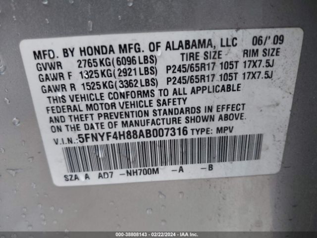 Photo 8 VIN: 5FNYF4H88AB007316 - HONDA PILOT 