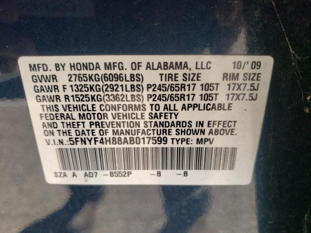 Photo 12 VIN: 5FNYF4H88AB017599 - HONDA PILOT TOUR 