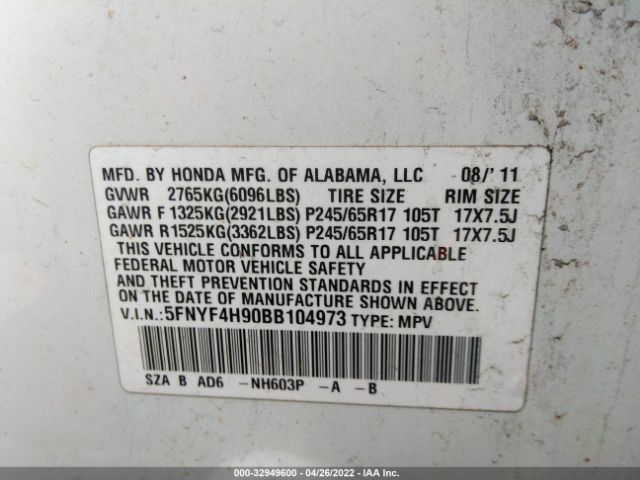 Photo 8 VIN: 5FNYF4H90BB104973 - HONDA PILOT 