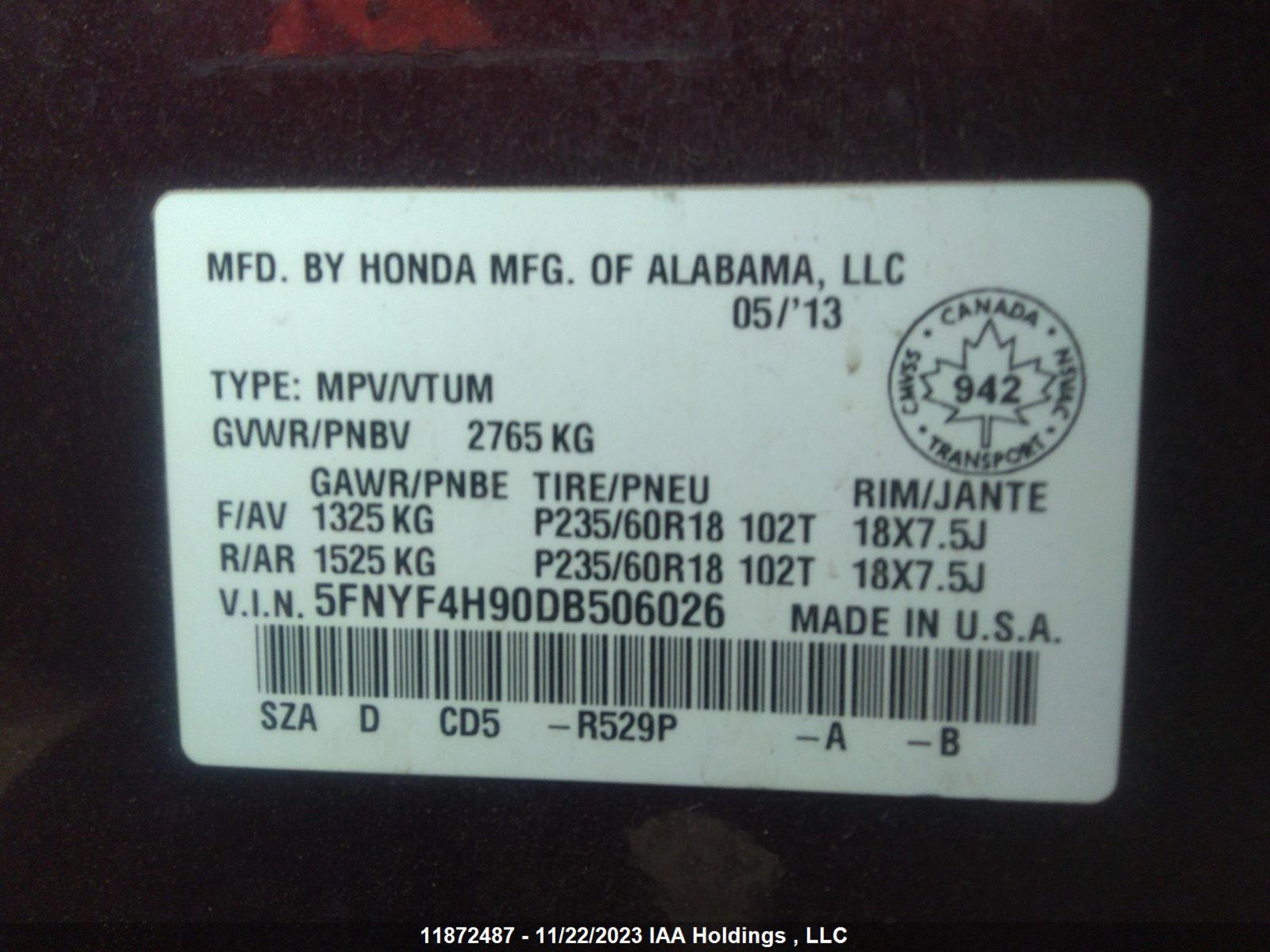 Photo 8 VIN: 5FNYF4H90DB506026 - HONDA PILOT 