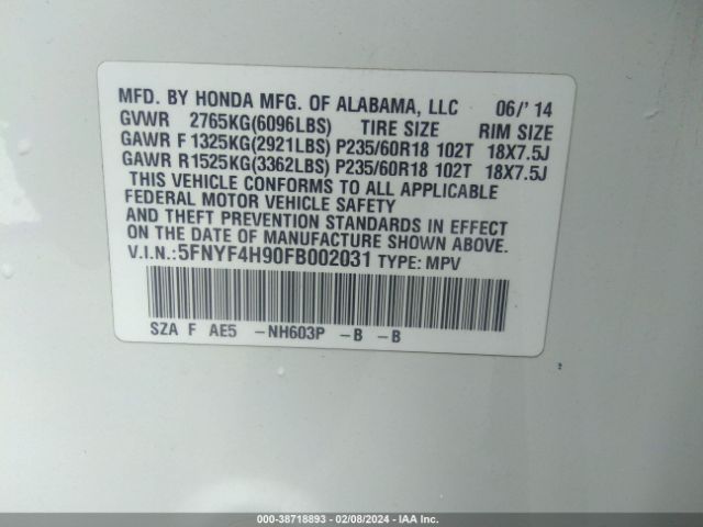 Photo 8 VIN: 5FNYF4H90FB002031 - HONDA PILOT 