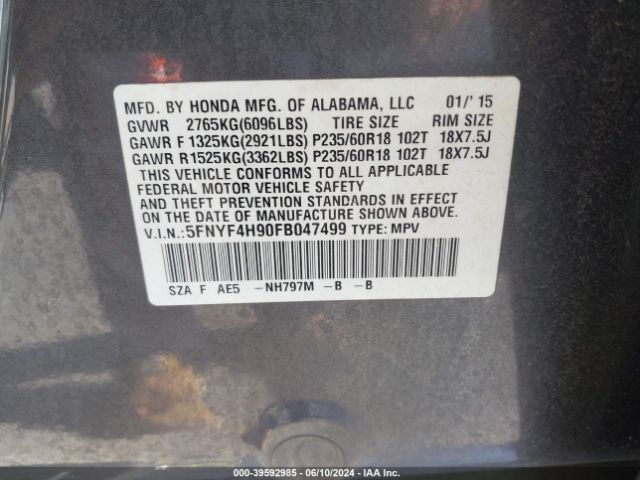 Photo 8 VIN: 5FNYF4H90FB047499 - HONDA PILOT 