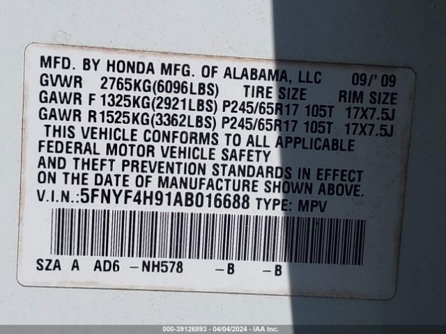 Photo 8 VIN: 5FNYF4H91AB016688 - HONDA PILOT 