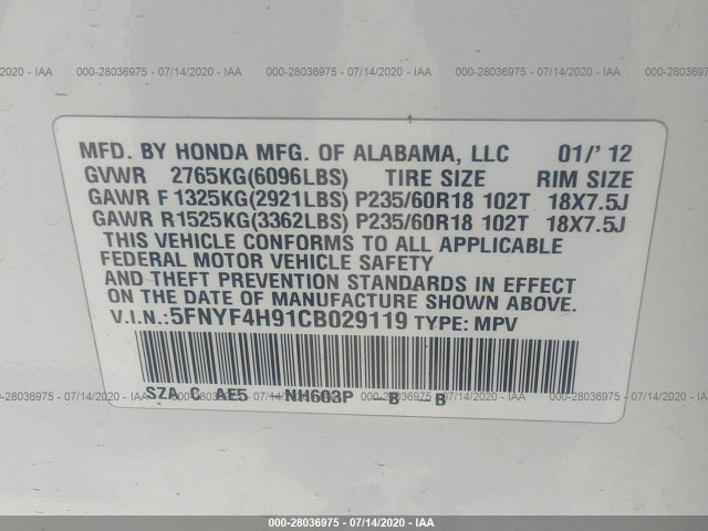 Photo 8 VIN: 5FNYF4H91CB029119 - HONDA PILOT 