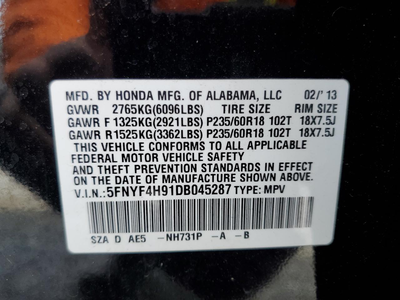 Photo 12 VIN: 5FNYF4H91DB045287 - HONDA PILOT 