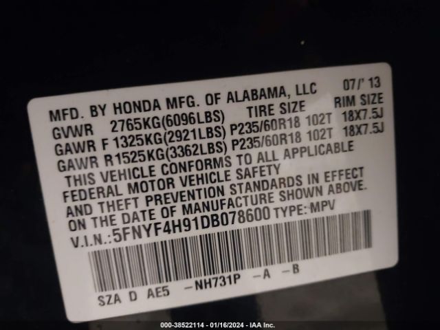 Photo 8 VIN: 5FNYF4H91DB078600 - HONDA PILOT 