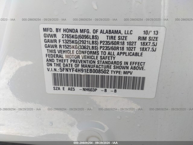 Photo 8 VIN: 5FNYF4H91EB008502 - HONDA PILOT 