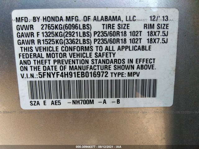 Photo 8 VIN: 5FNYF4H91EB016972 - HONDA PILOT 