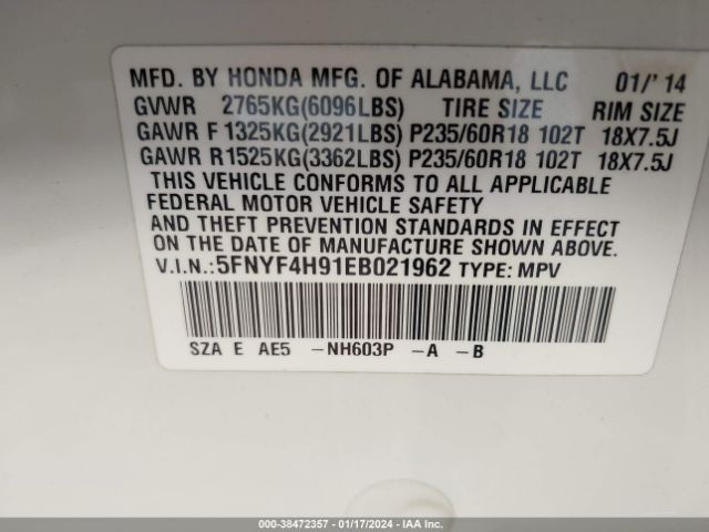 Photo 8 VIN: 5FNYF4H91EB021962 - HONDA PILOT 