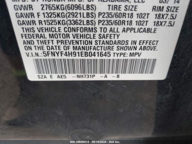 Photo 8 VIN: 5FNYF4H91EB041645 - HONDA PILOT 