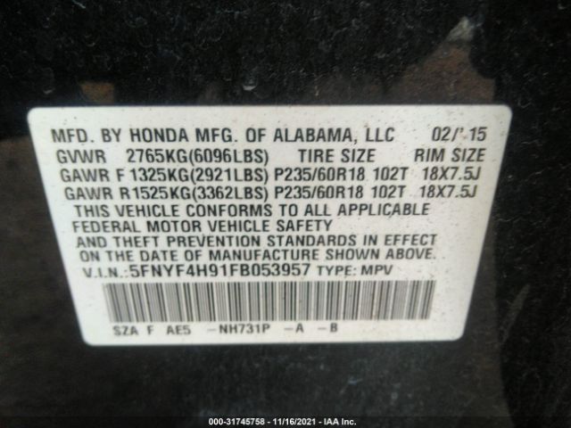 Photo 8 VIN: 5FNYF4H91FB053957 - HONDA PILOT 