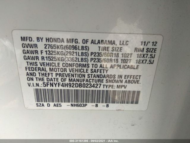 Photo 8 VIN: 5FNYF4H92DB023427 - HONDA PILOT 