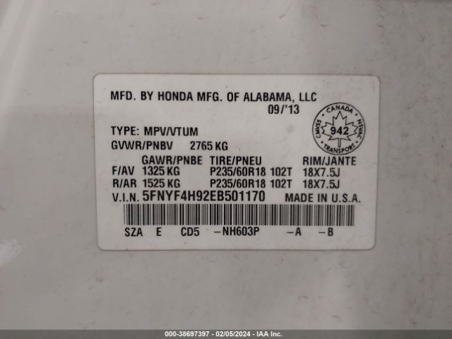 Photo 8 VIN: 5FNYF4H92EB501170 - HONDA PILOT 