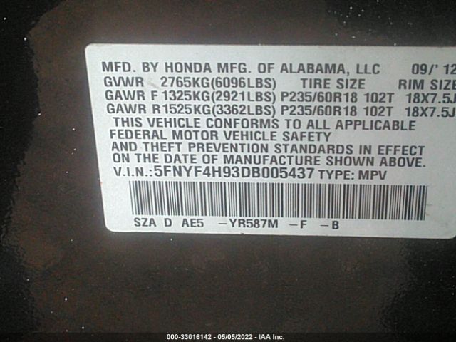 Photo 8 VIN: 5FNYF4H93DB005437 - HONDA PILOT 