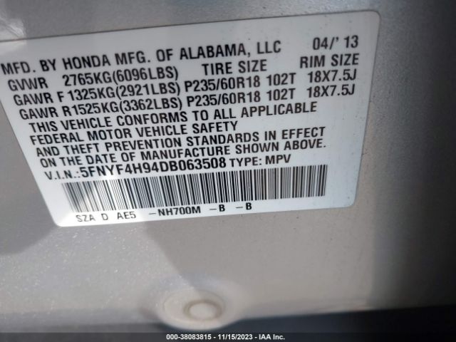 Photo 8 VIN: 5FNYF4H94DB063508 - HONDA PILOT 