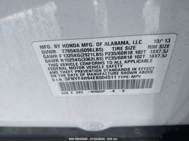 Photo 8 VIN: 5FNYF4H94EB004511 - HONDA PILOT 