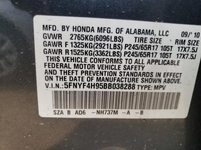 Photo 9 VIN: 5FNYF4H95BB038288 - HONDA PILOT TOUR 