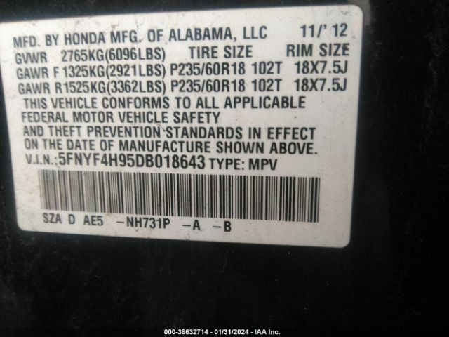 Photo 8 VIN: 5FNYF4H95DB018643 - HONDA PILOT 