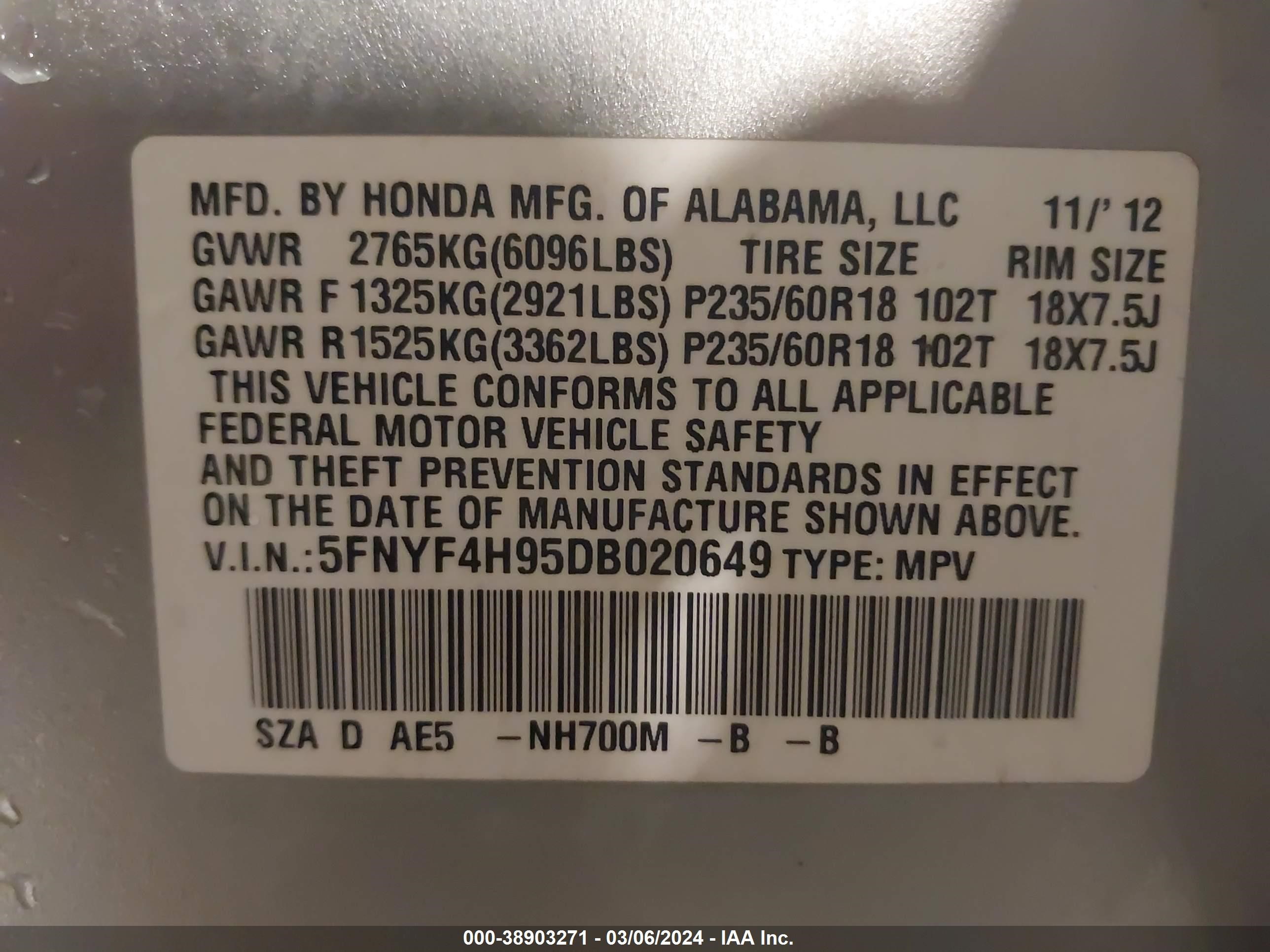 Photo 8 VIN: 5FNYF4H95DB020649 - HONDA PILOT 