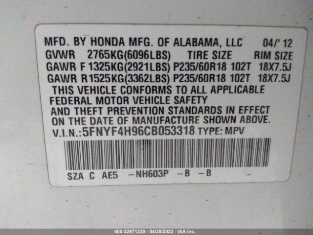 Photo 8 VIN: 5FNYF4H96CB053318 - HONDA PILOT 