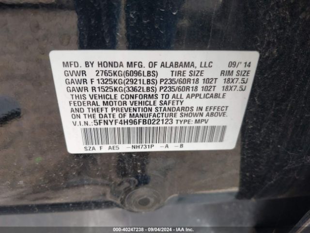 Photo 8 VIN: 5FNYF4H96FB022123 - HONDA PILOT 