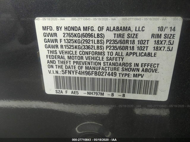 Photo 8 VIN: 5FNYF4H96FB027449 - HONDA PILOT 