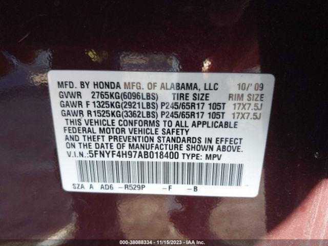 Photo 8 VIN: 5FNYF4H97AB018400 - HONDA PILOT 