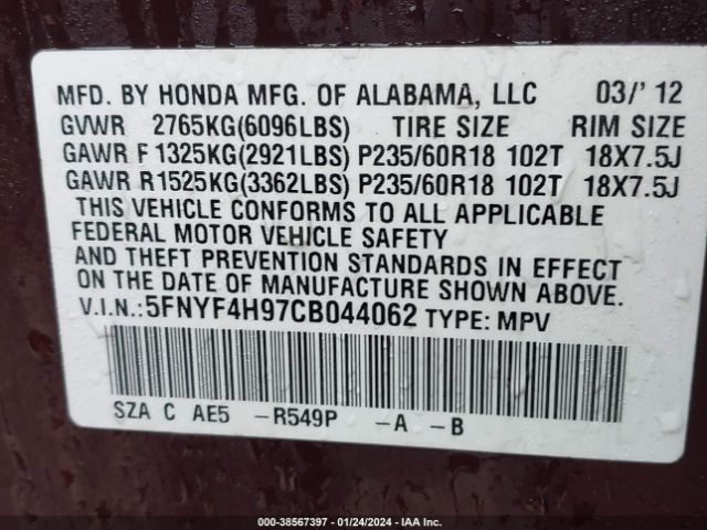 Photo 8 VIN: 5FNYF4H97CB044062 - HONDA PILOT 