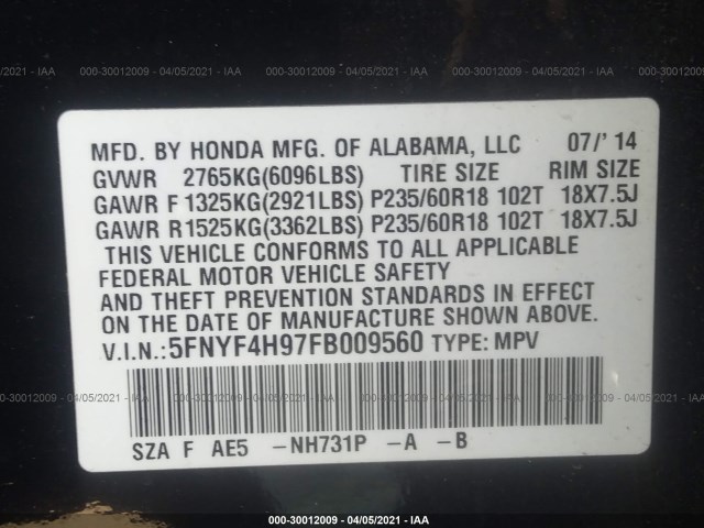 Photo 8 VIN: 5FNYF4H97FB009560 - HONDA PILOT 