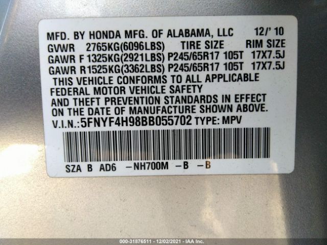 Photo 8 VIN: 5FNYF4H98BB055702 - HONDA PILOT 