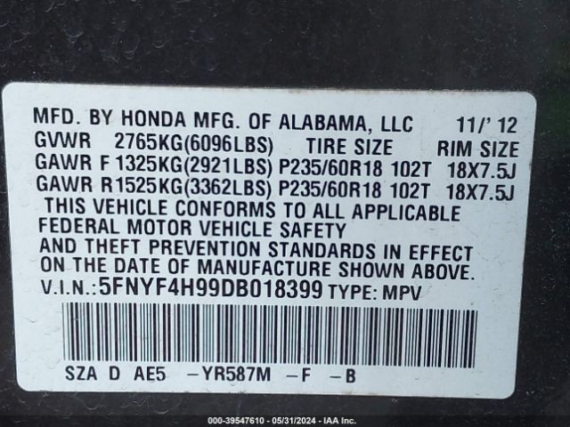 Photo 8 VIN: 5FNYF4H99DB018399 - HONDA PILOT 