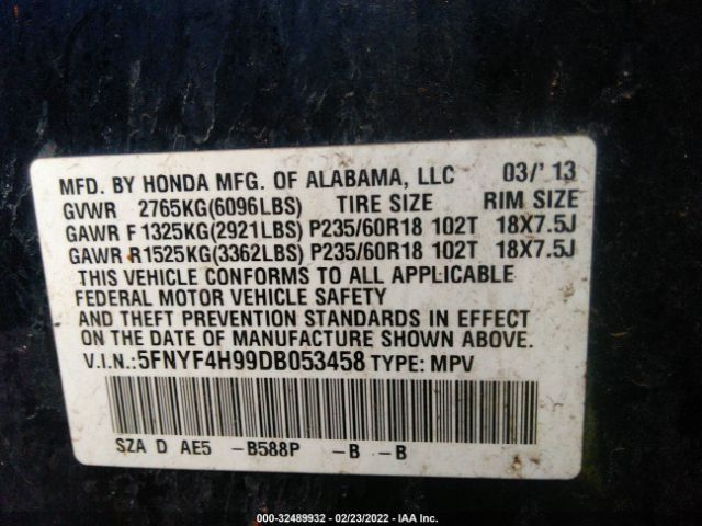 Photo 8 VIN: 5FNYF4H99DB053458 - HONDA PILOT 