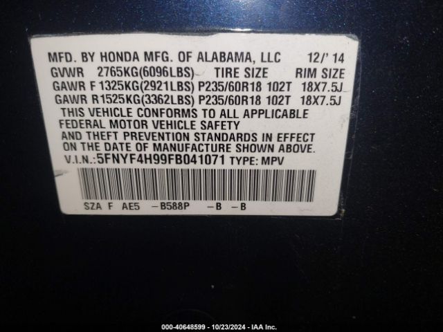 Photo 8 VIN: 5FNYF4H99FB041071 - HONDA PILOT 