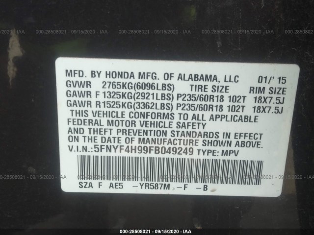 Photo 8 VIN: 5FNYF4H99FB049249 - HONDA PILOT 