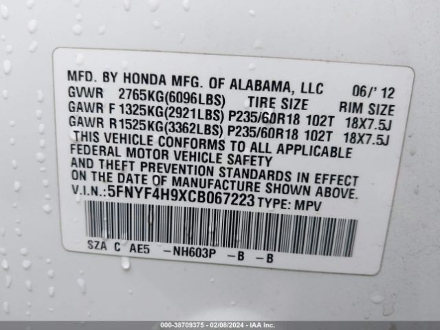 Photo 8 VIN: 5FNYF4H9XCB067223 - HONDA PILOT 