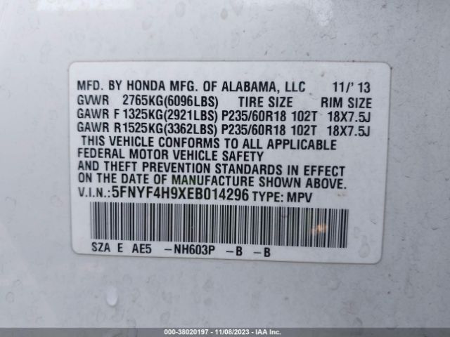 Photo 8 VIN: 5FNYF4H9XEB014296 - HONDA PILOT 